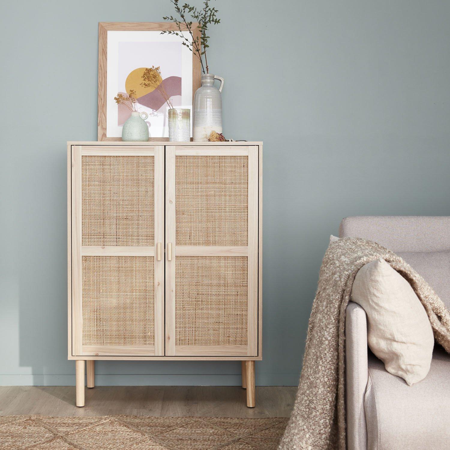 Wood And Woven Rattan Storage Cabinet